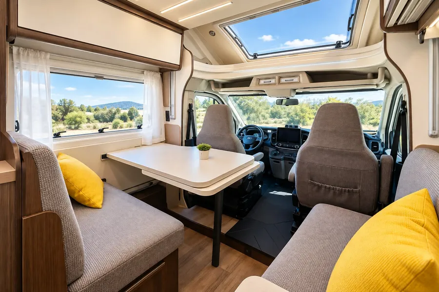 Interior de la autocaravana: salón con sofás, cojines y mesa, visto hacia la cabina