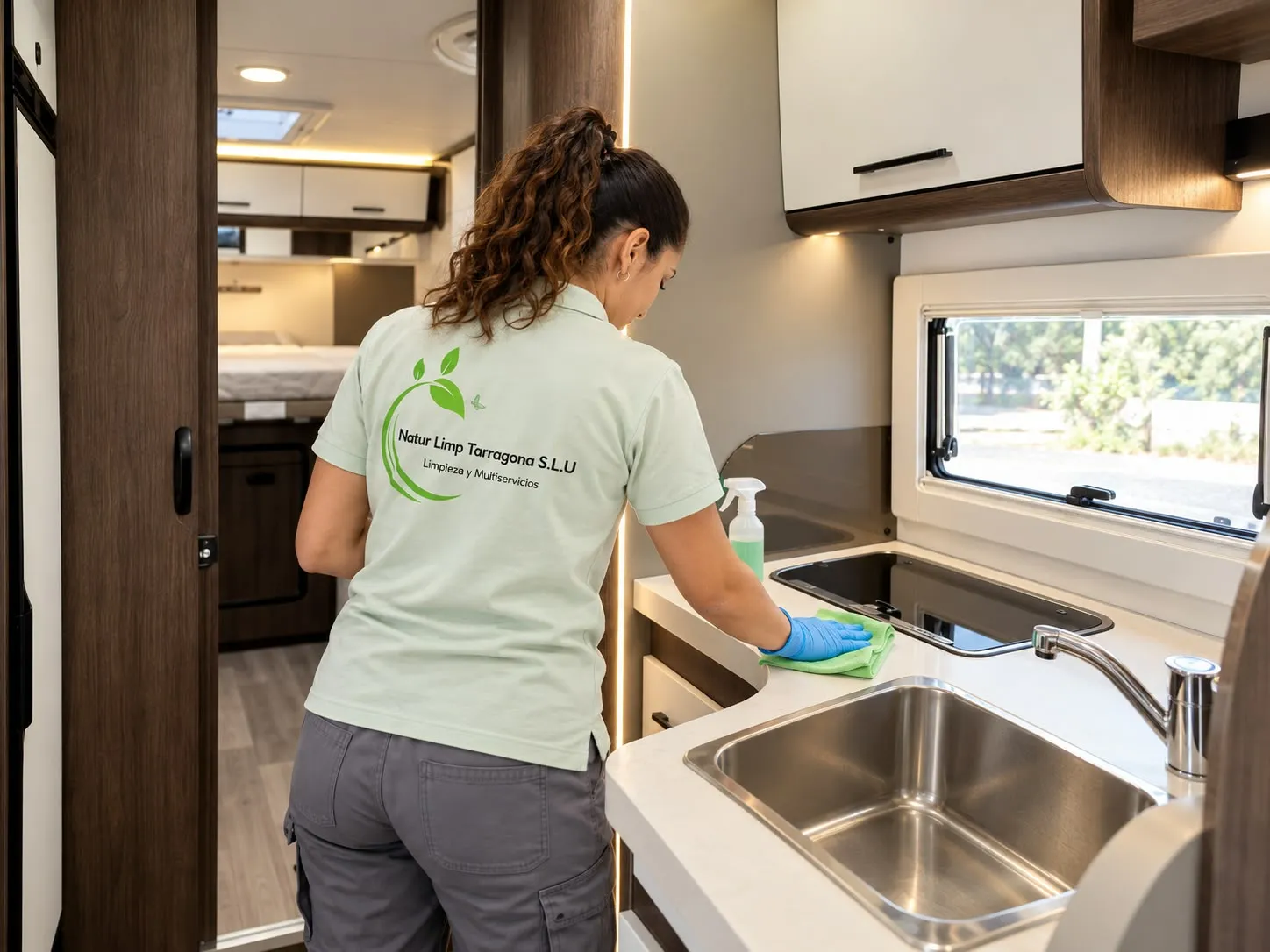 Empleada de Natur Limp limpiando la encimera y el fregadero de la cocina de la autocaravana