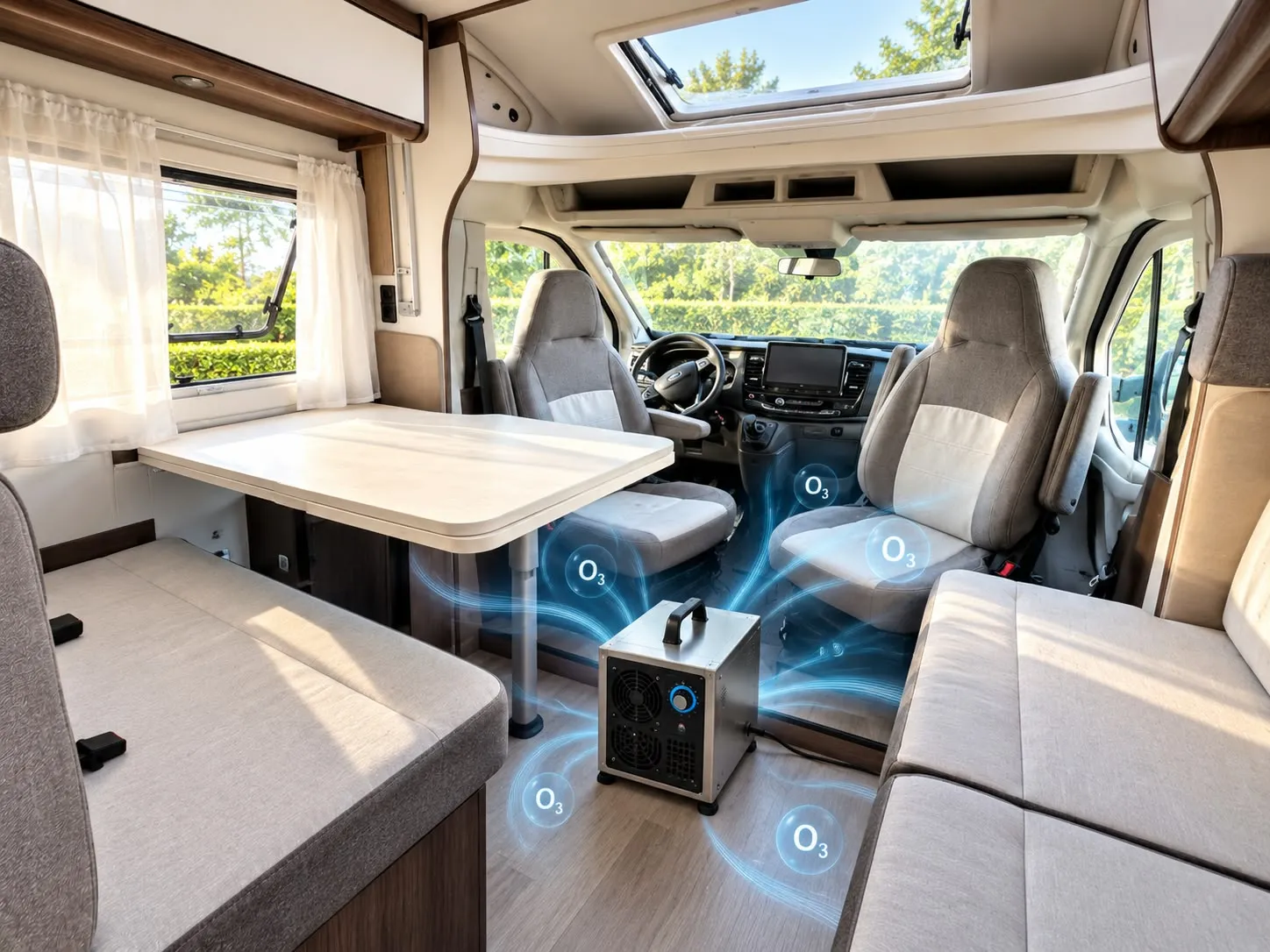 Generador de ozono desodorizando el interior de la autocaravana vacía