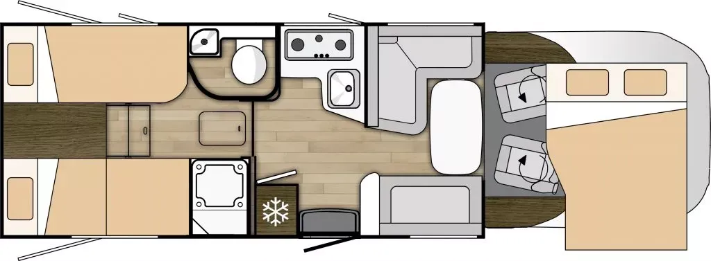 Plano de la autocaravana visto desde arriba: cabina con asientos giratorios, salón-cocina con nevera y baño con ducha, camas gemelas en la parte trasera y cama basculante sobre la cabina.