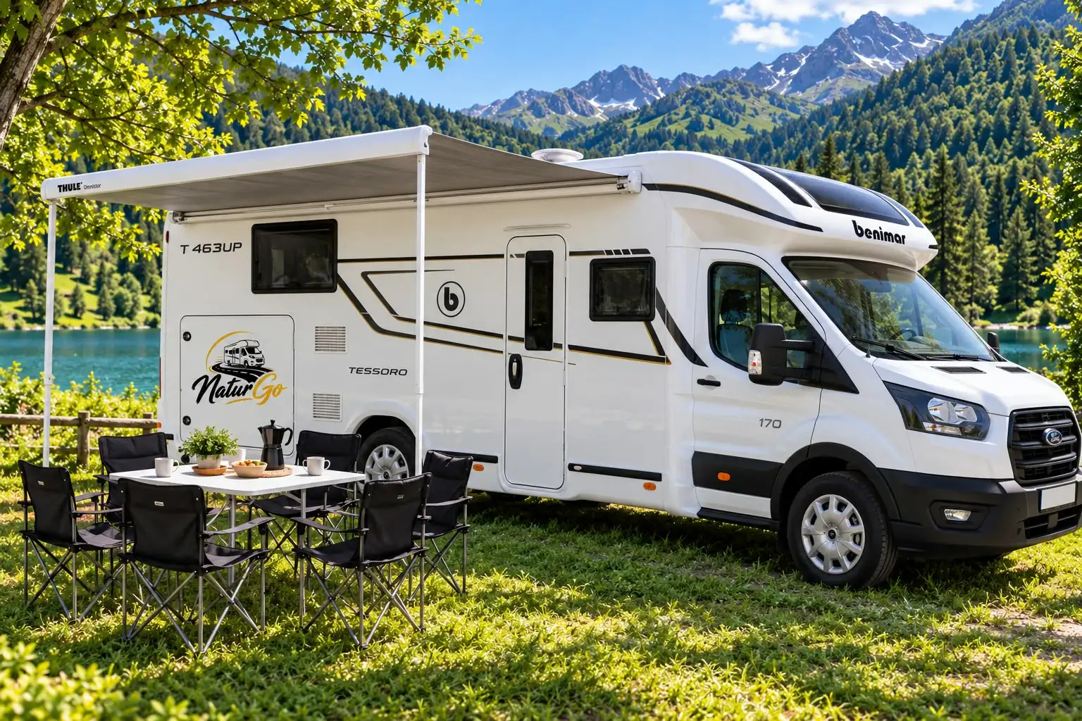 Autocaravana NaturGo junto a un lago rodeado de bosque