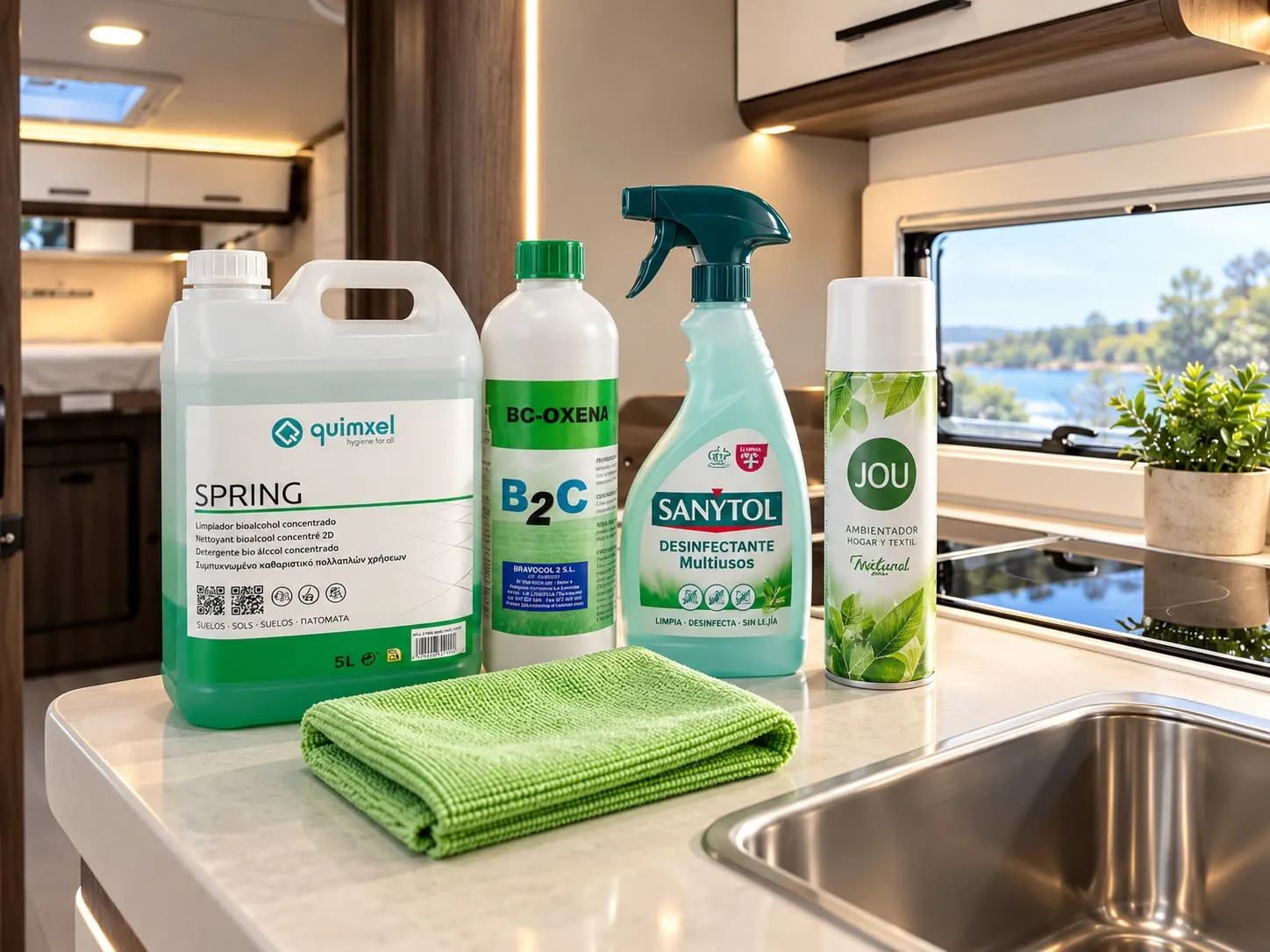 Productos de limpieza ecológicos y bioalcohol sobre la encimera de la autocaravana, listos para usar